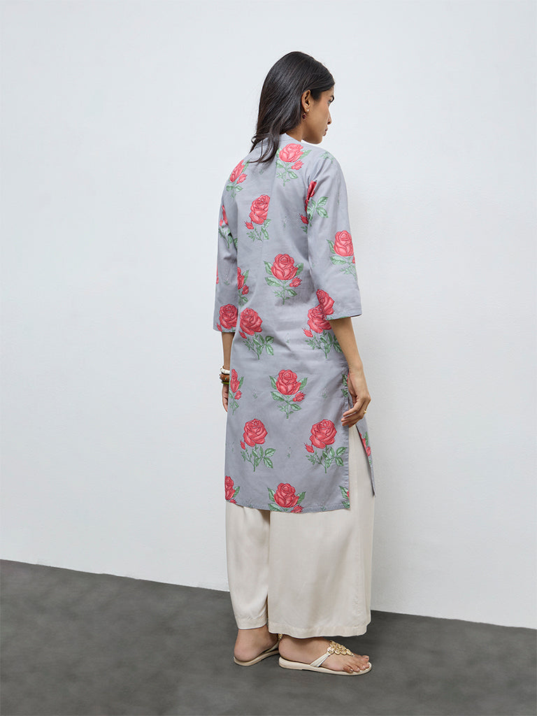 Utsa Grey Floral Straight Cotton Kurta
