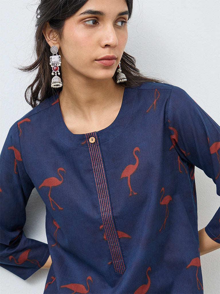 Utsa Navy Printed Cotton Straight Kurta
