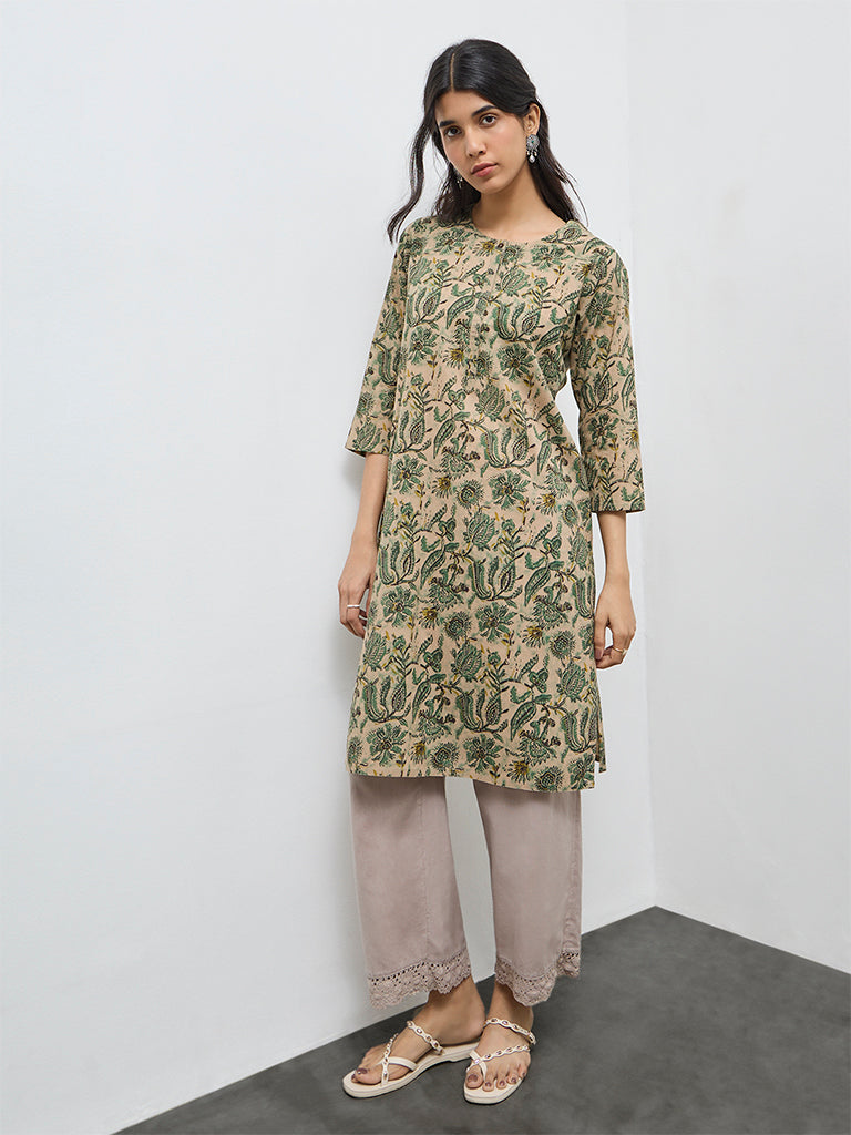 Utsa Green Floral Printed Cotton Straight Kurta