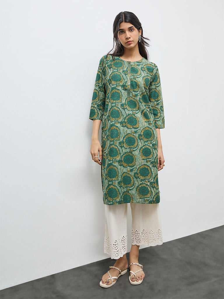 Utsa Green Floral Cotton Straight Kurta