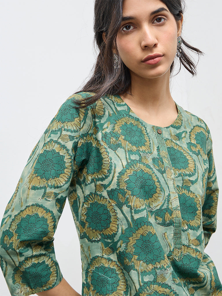 Utsa Green Floral Cotton Straight Kurta