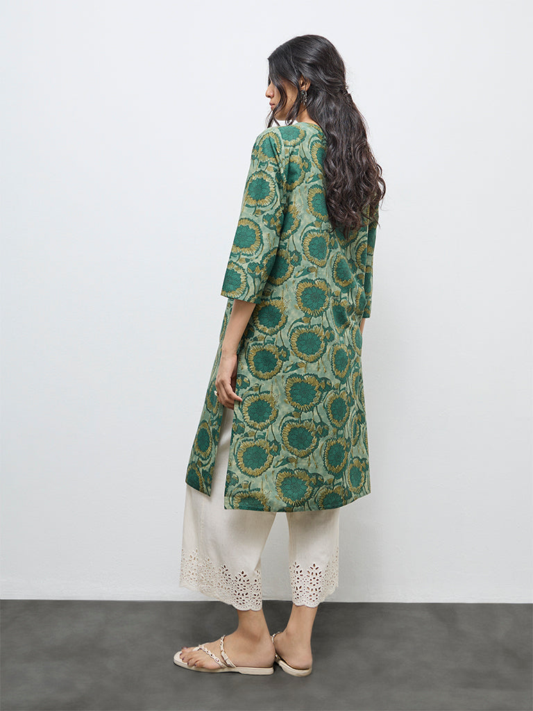 Utsa Green Floral Cotton Straight Kurta