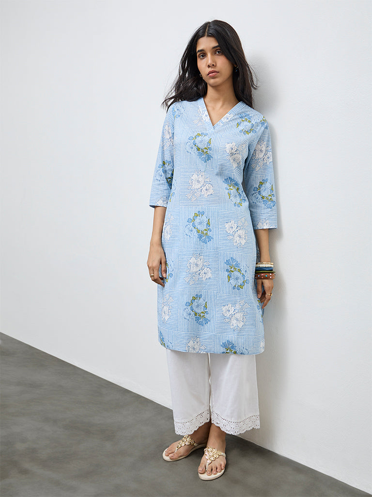 Utsa Light Blue Floral Cotton Straight Kurta