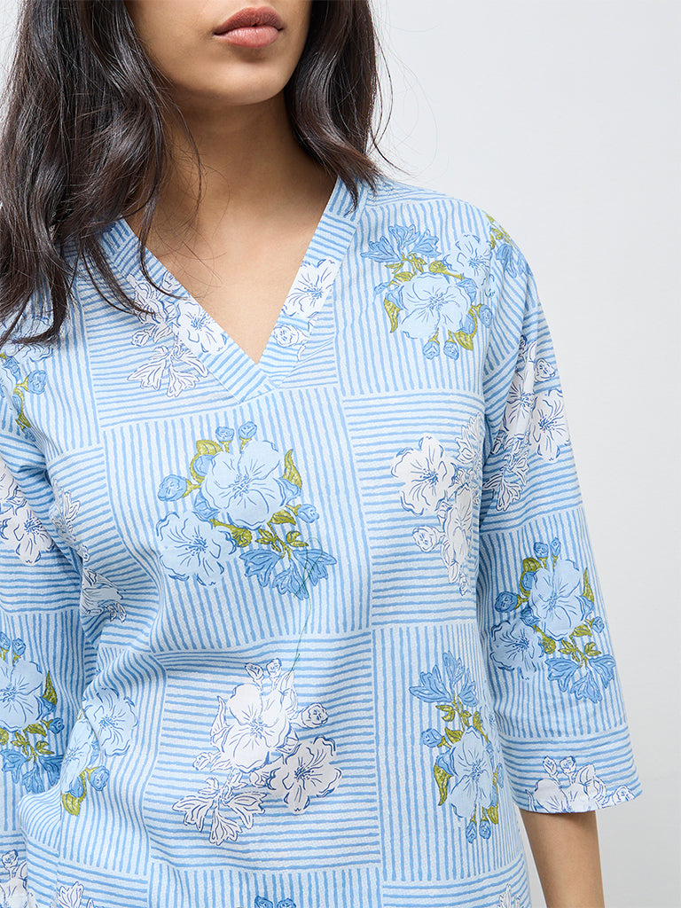 Utsa Light Blue Floral Cotton Straight Kurta