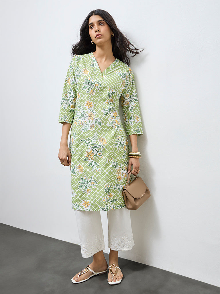 Utsa Green Floral Cotton Straight Kurta
