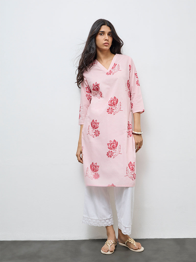 Utsa Pink Floral Cotton Straight Kurta