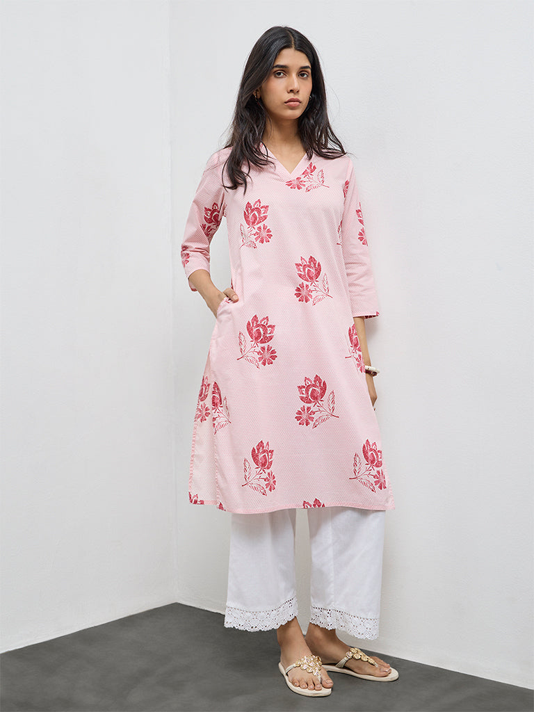 Utsa Pink Floral Cotton Straight Kurta