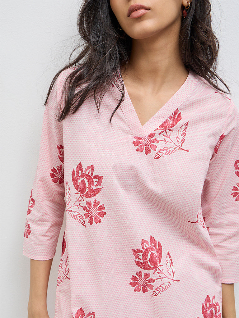 Utsa Pink Floral Cotton Straight Kurta