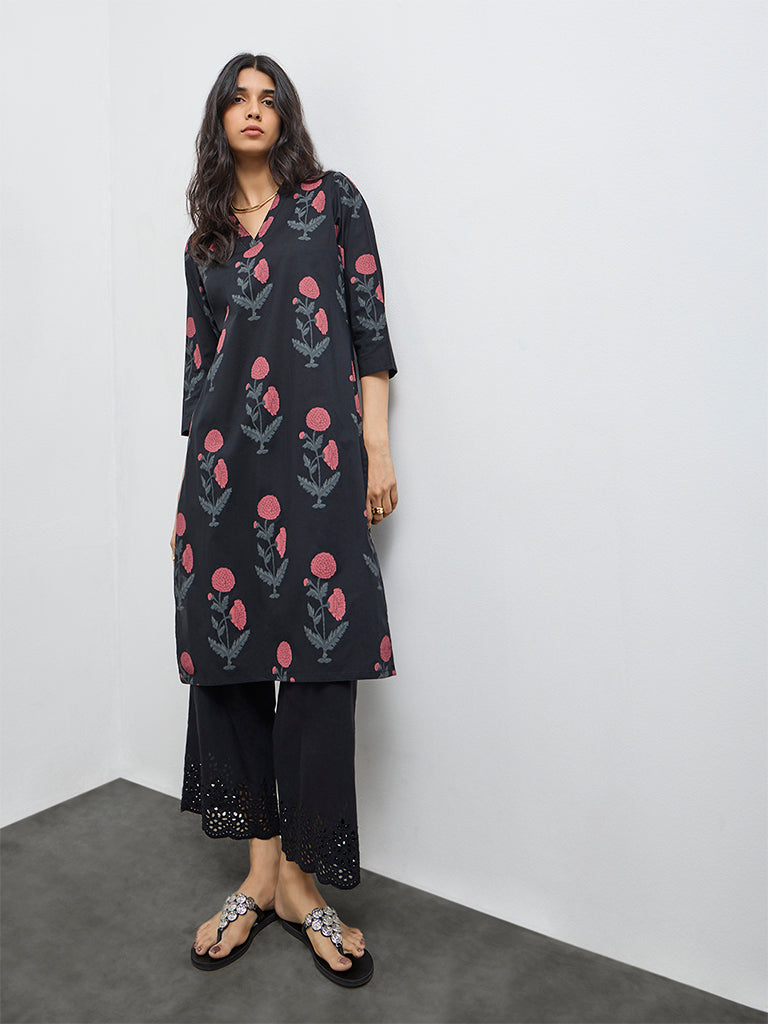 Utsa Black Mughal Printed Cotton A-Line Kurta