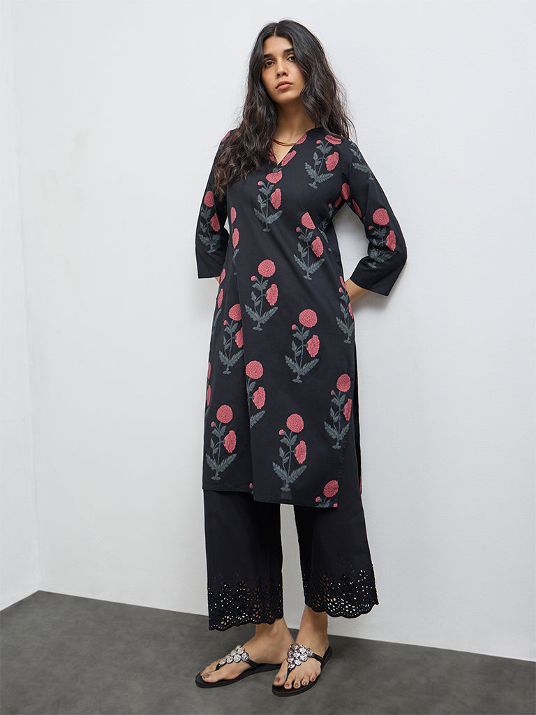 Utsa Black Mughal Printed Cotton A-Line Kurta