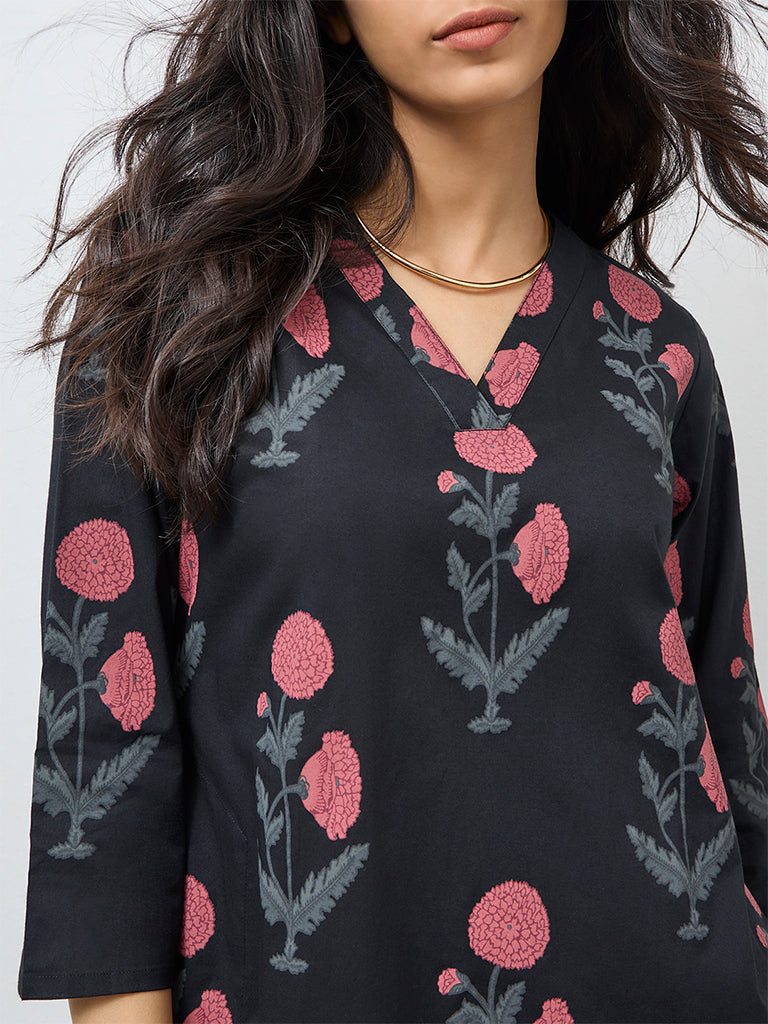 Utsa Black Mughal Printed Cotton A-Line Kurta