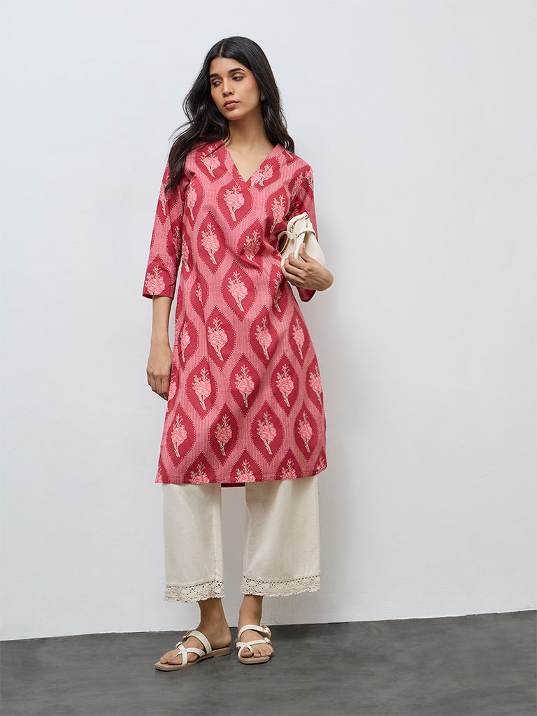 Utsa Red Floral Printed Cotton Straight Kurta