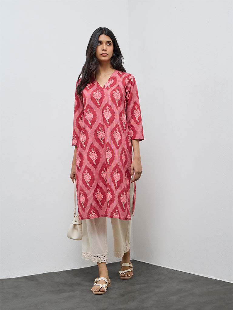 Utsa Red Floral Printed Cotton Straight Kurta