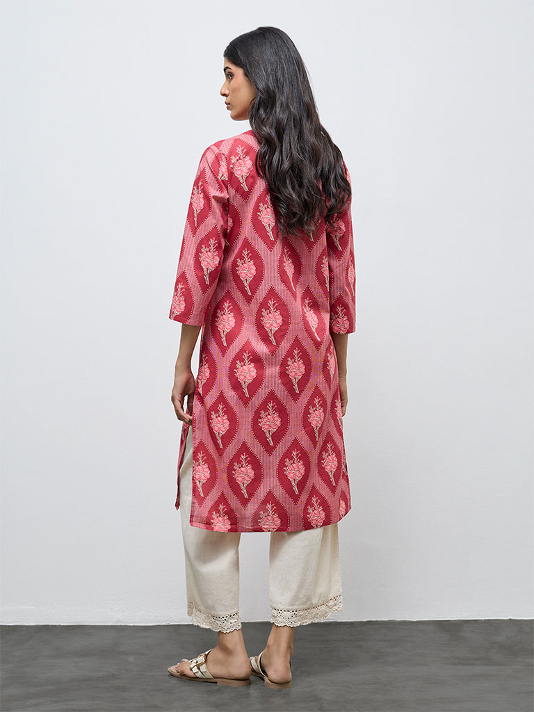 Utsa Red Floral Printed Cotton Straight Kurta