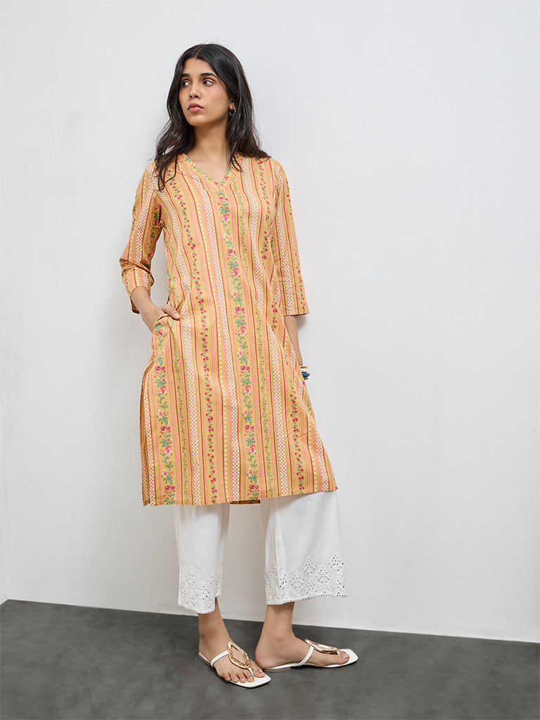 Utsa Mustard Floral Cotton Straight Kurta