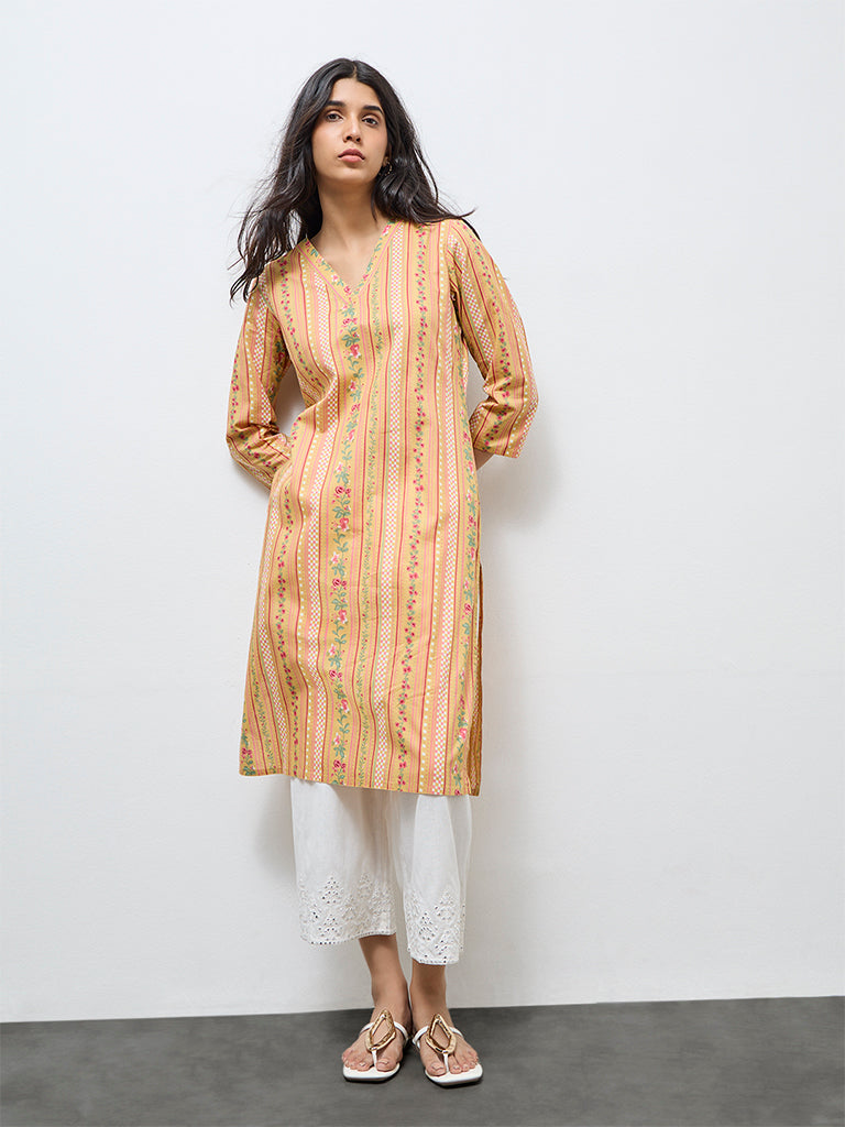 Utsa Mustard Floral Cotton Straight Kurta