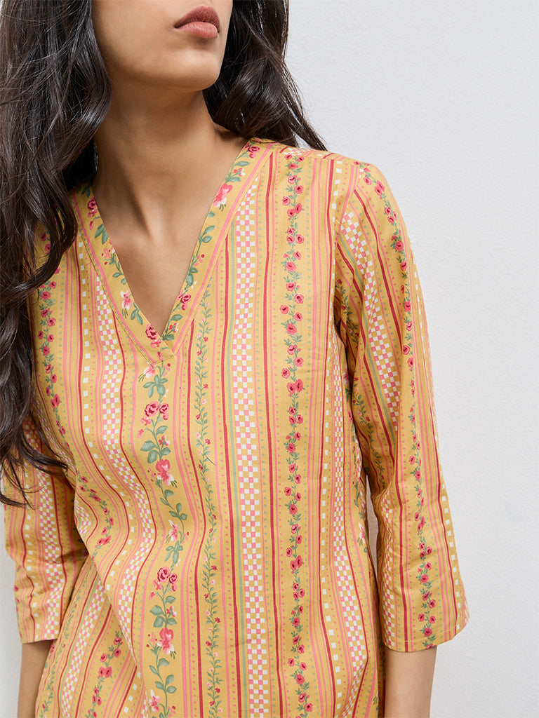 Utsa Mustard Floral Cotton Straight Kurta