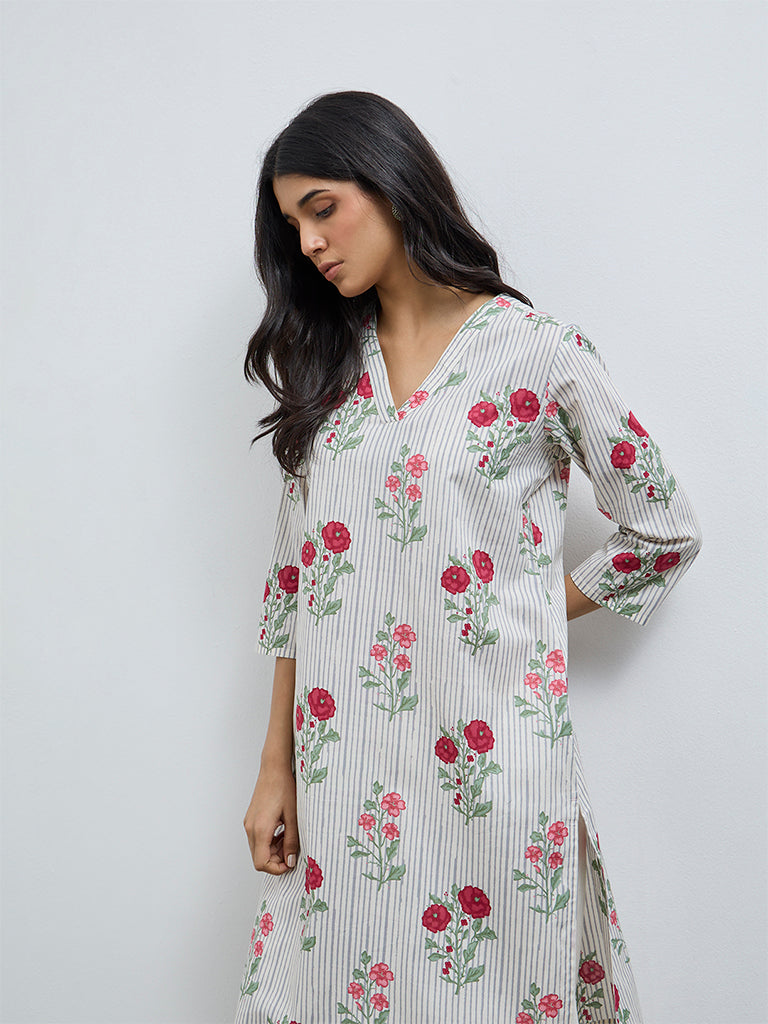 Utsa Grey Floral Pattern Cotton A-Line Kurta