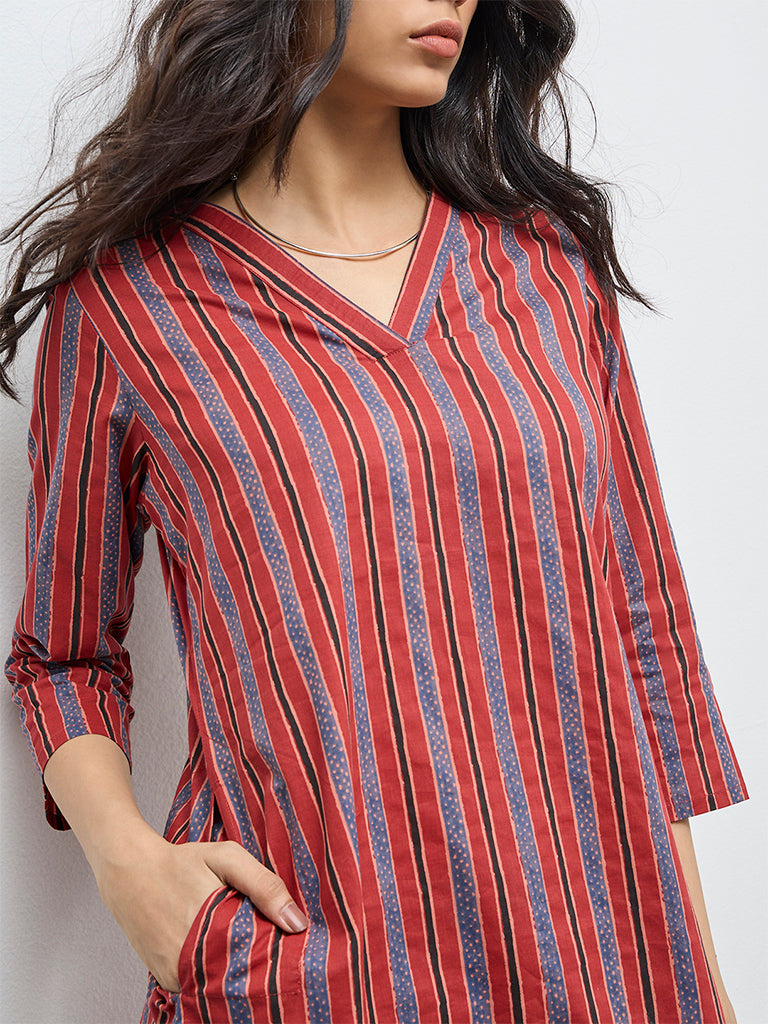 Utsa Red Striped Cotton Straight Kurta