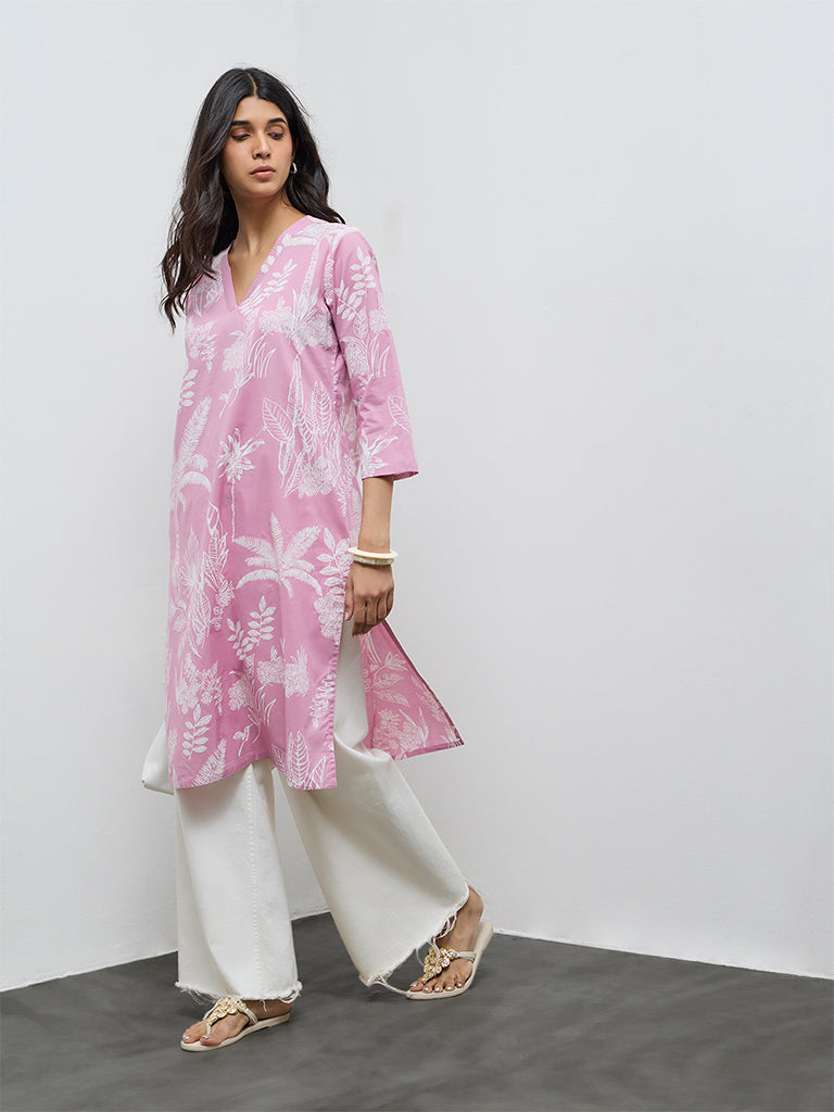 Utsa Pink Botanical Printed Cotton Straight Kurta