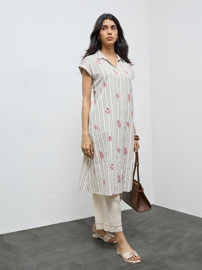Utsa Off-White Floral Embroidered Cotton-Blend A-Line Kurta