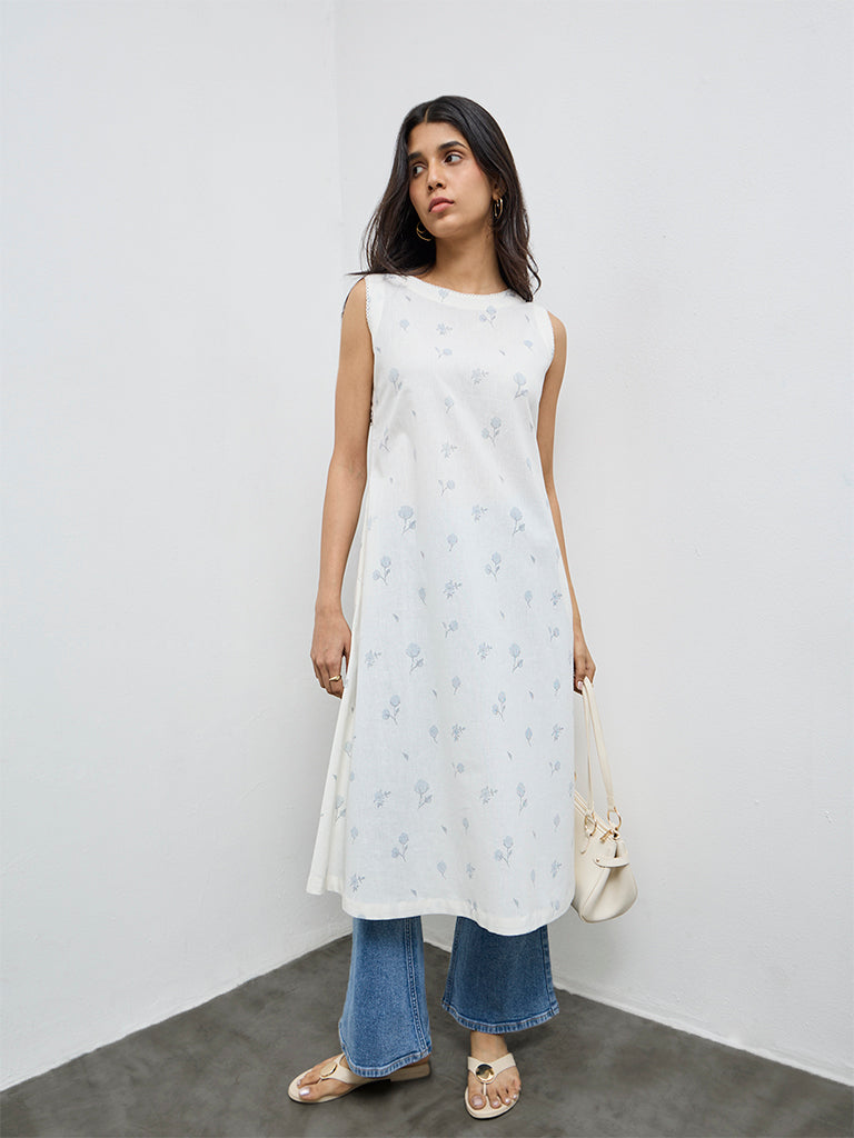 Utsa White Floral Cotton-Blend A-Line Kurta
