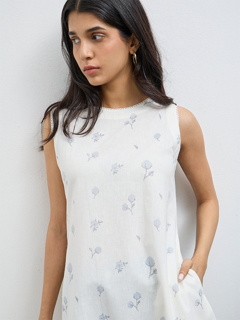 Utsa White Floral Cotton-Blend A-Line Kurta