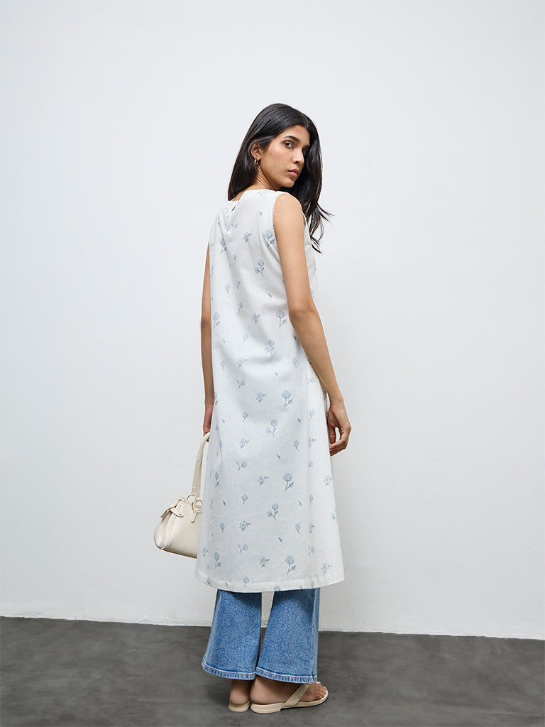 Utsa White Floral Cotton-Blend A-Line Kurta