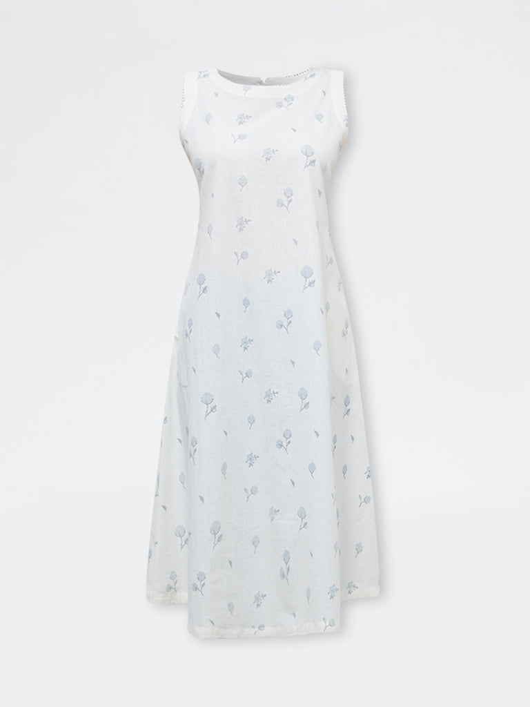 Utsa White Floral Cotton-Blend A-Line Kurta