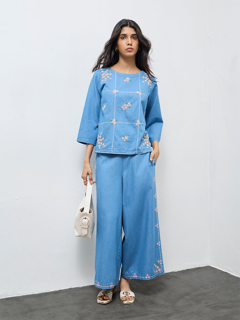 Utsa Blue Floral Embroidered Denim Palazzos