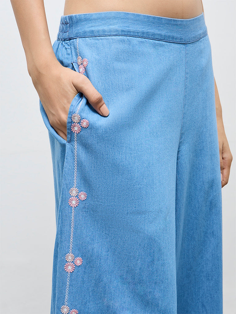 Utsa Blue Floral Embroidered Denim Palazzos