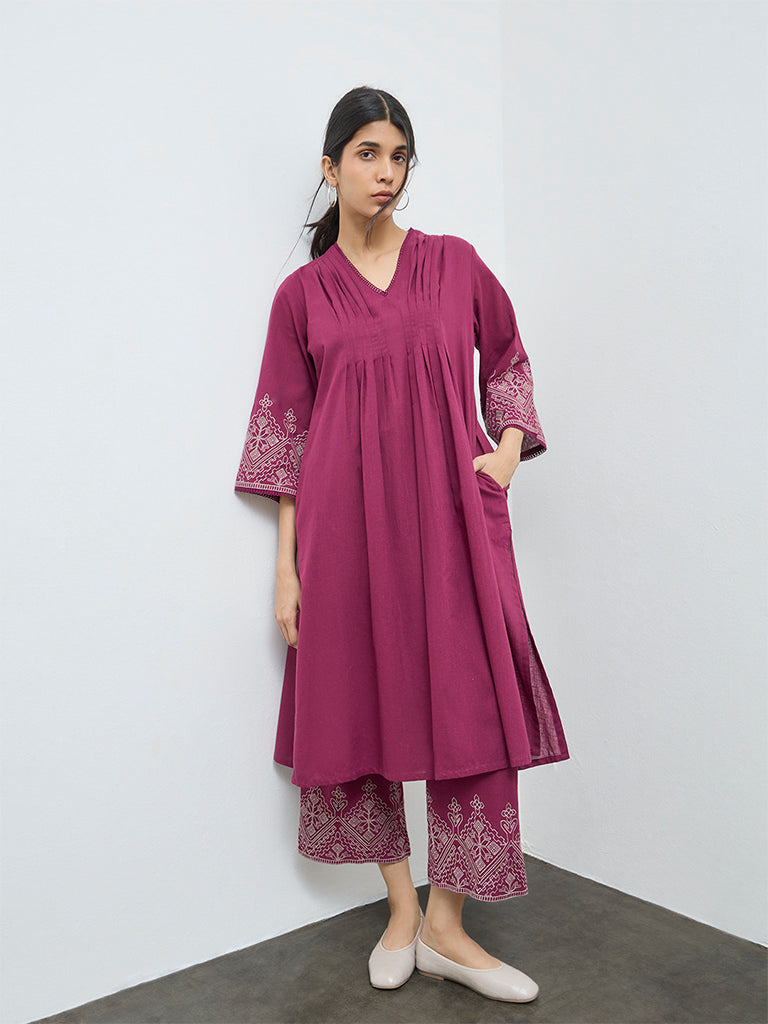 Utsa Magenta Embroidered Cotton Pants