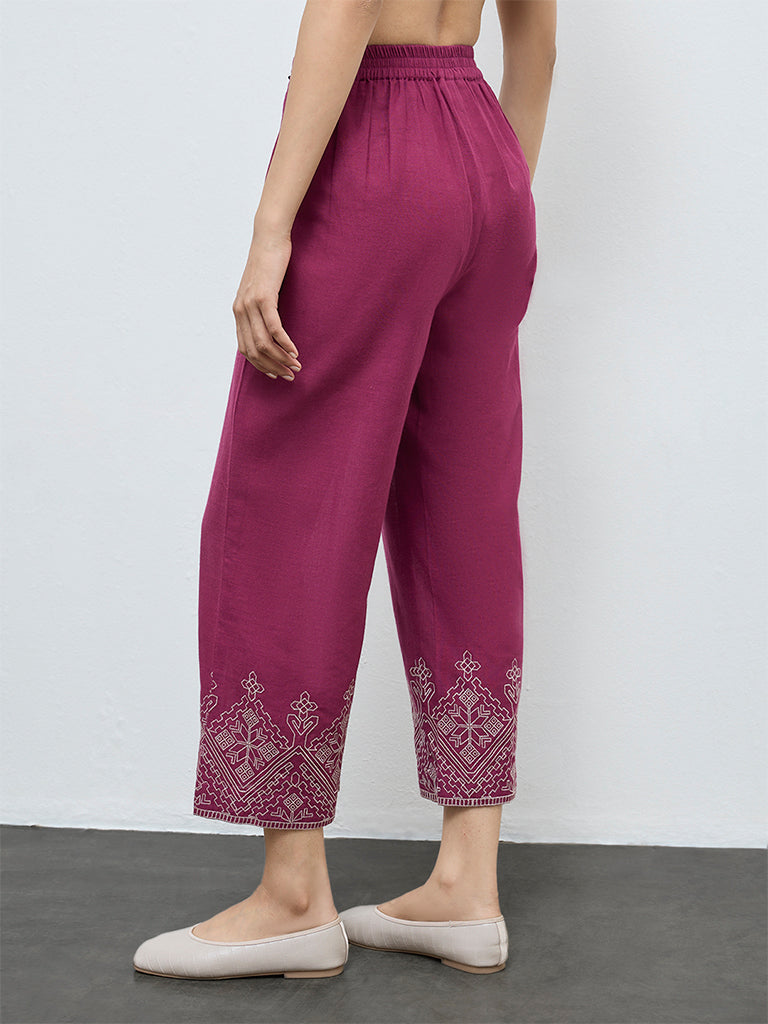 Utsa Magenta Embroidered Cotton Pants