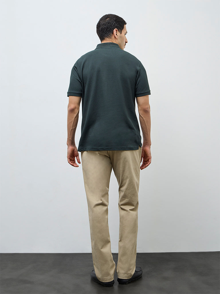 WES Casuals Beige Relaxed-Fit Mid-Rise Cotton-Blend Trousers