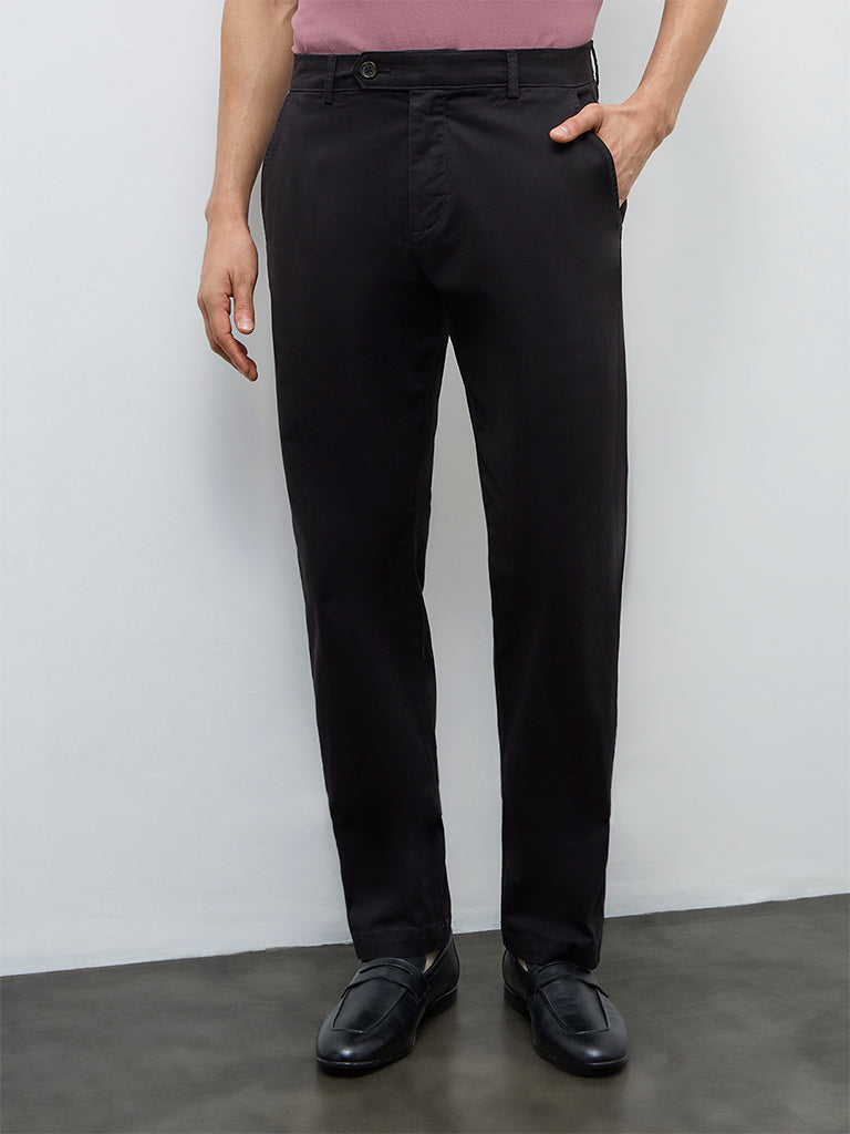 WES Casuals Black Relaxed-Fit Mid-Rise Cotton-Blend Trousers