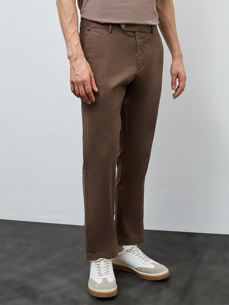 WES Casuals Dark Brown Relaxed-Fit Cotton-Blend Mid-Rise Trousers
