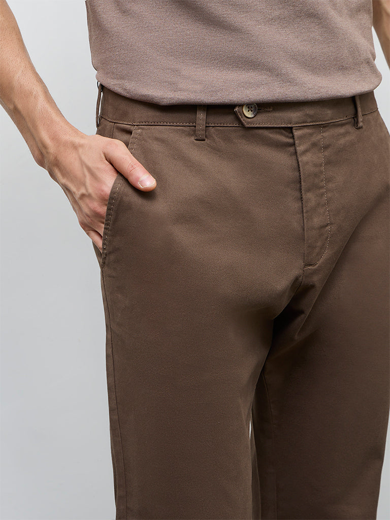 WES Casuals Dark Brown Relaxed-Fit Cotton-Blend Mid-Rise Trousers