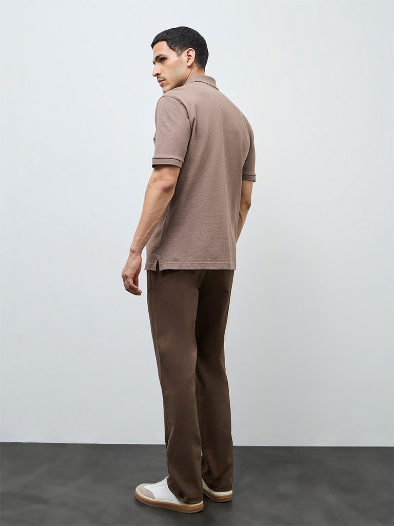 WES Casuals Dark Brown Relaxed-Fit Cotton-Blend Mid-Rise Trousers