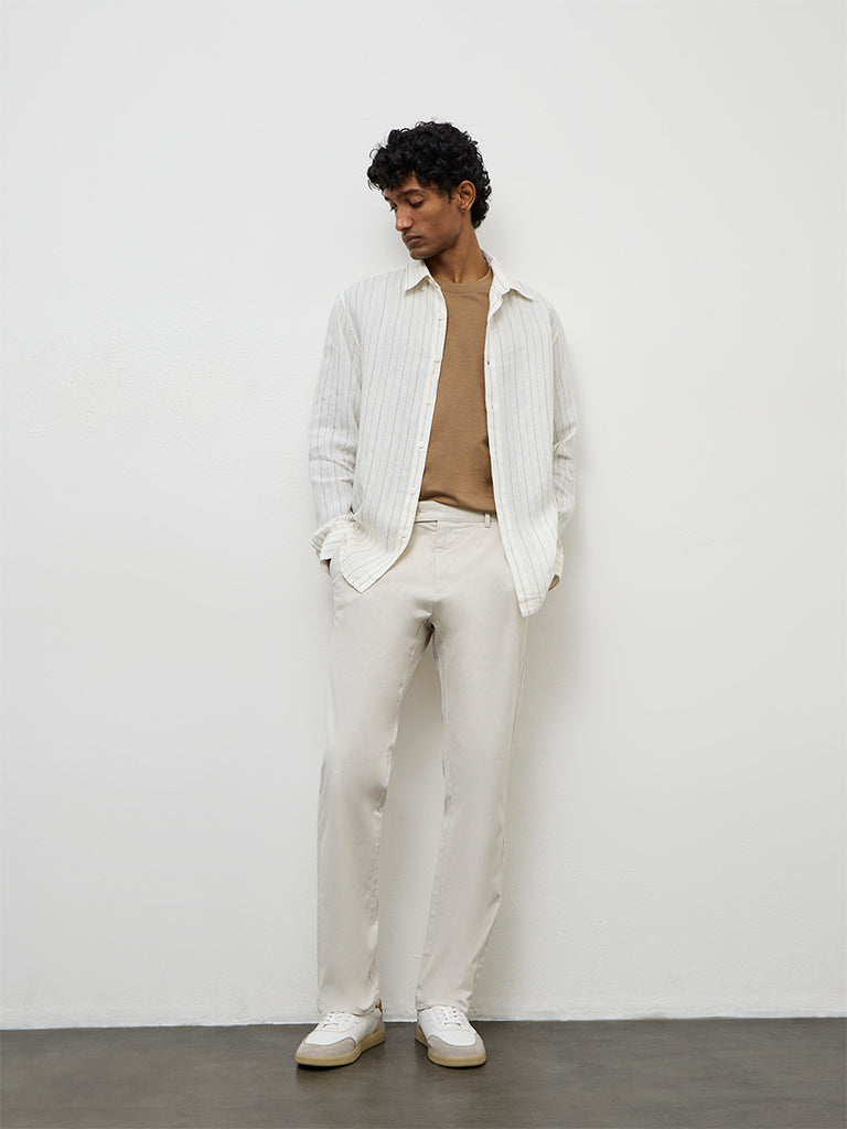 WES Casuals Off White Relaxed-Fit Mid-Rise Cotton-Blend Trousers