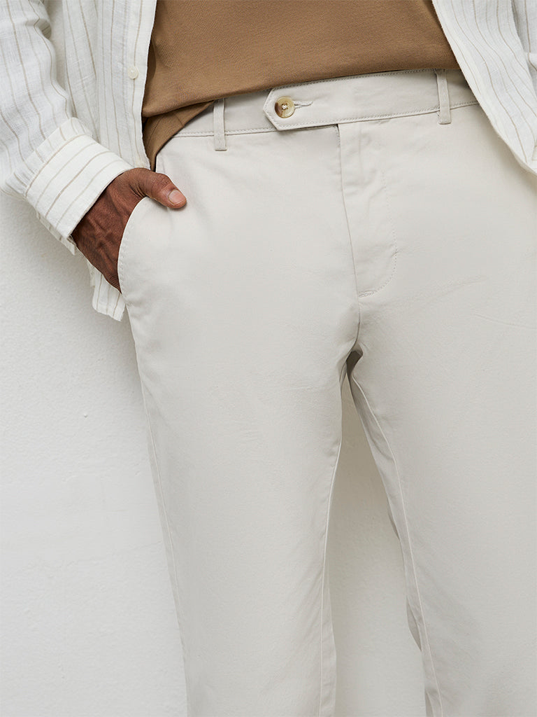WES Casuals Off White Relaxed-Fit Mid-Rise Cotton-Blend Trousers