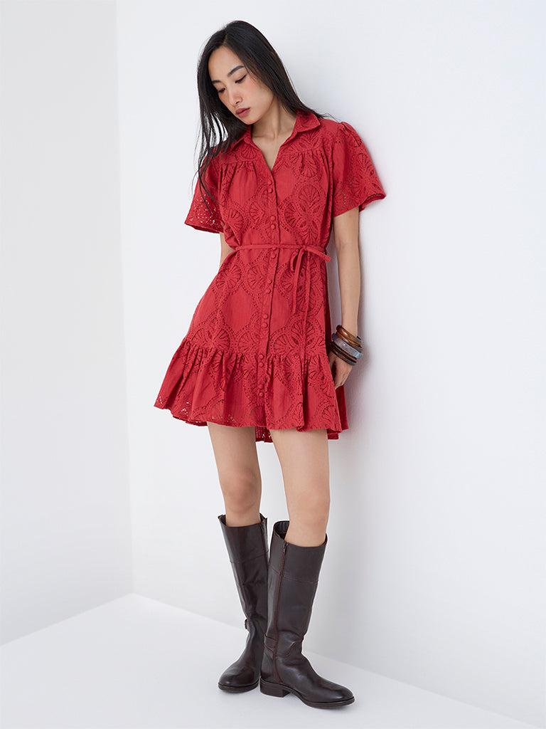 LOV Red Lace Design Cotton-Blend Shirt Dress with Belt