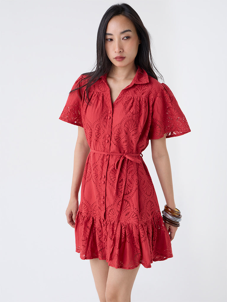 LOV Red Lace Design Cotton-Blend Shirt Dress with Belt