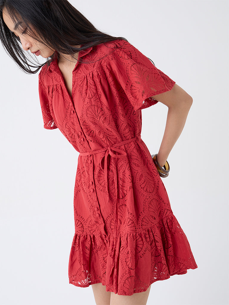 LOV Red Lace Design Cotton-Blend Shirt Dress with Belt