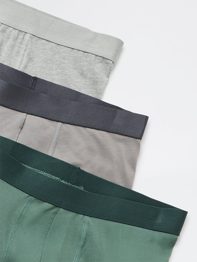 WES Lounge Olive Solid Cotton-Blend Trunks - Pack of 3