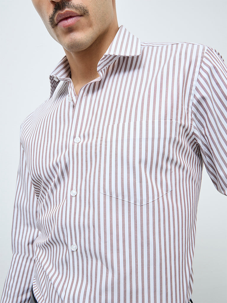 WES Formals Brown Striped Slim-Fit Cotton Shirt