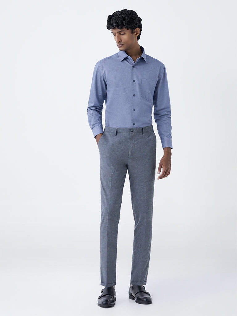 WES Formals Navy Solid Slim-Fit Cotton Shirt