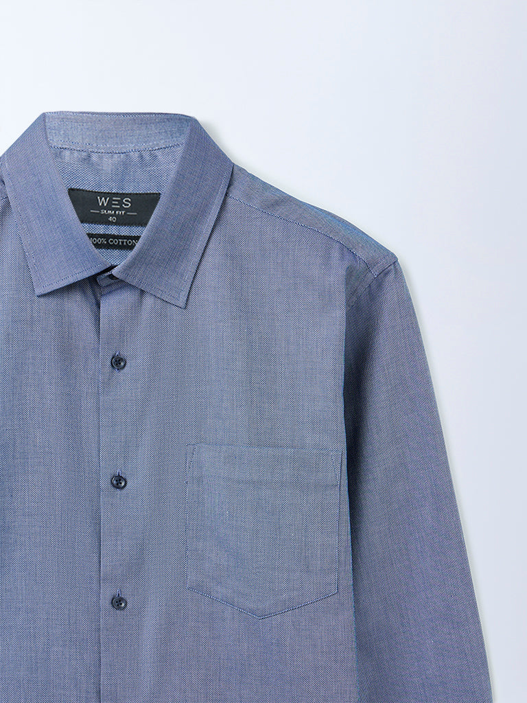 WES Formals Navy Solid Slim-Fit Cotton Shirt