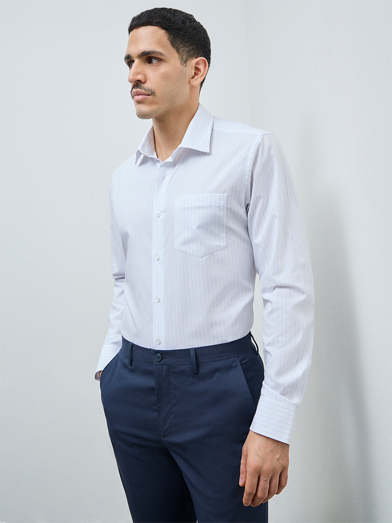 WES Formals Blue Striped Slim-Fit Cotton Shirt