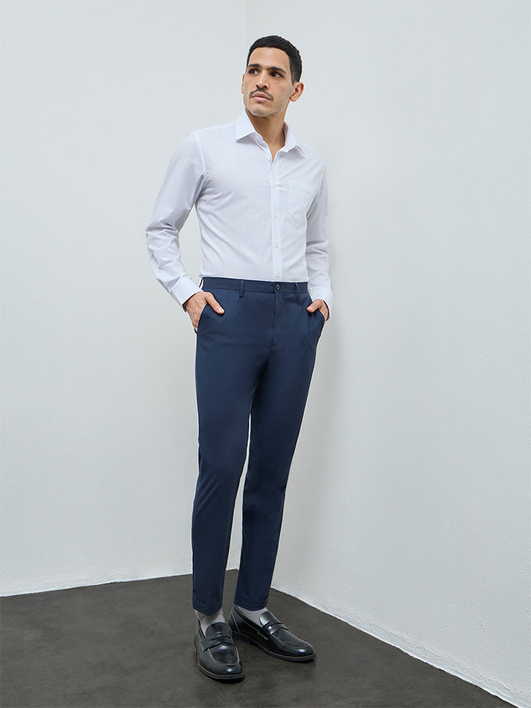 WES Formals Blue Striped Slim-Fit Cotton Shirt
