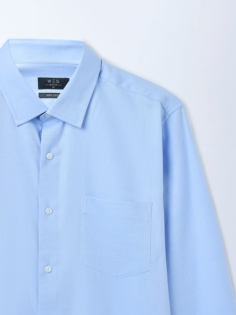 WES Formals Blue Solid Slim-Fit Cotton Shirt